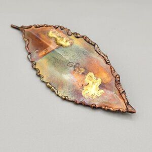 Hammered Copper Leaf Brooch Pin Hand Made Artist Signed Gold Tone L 3.5"